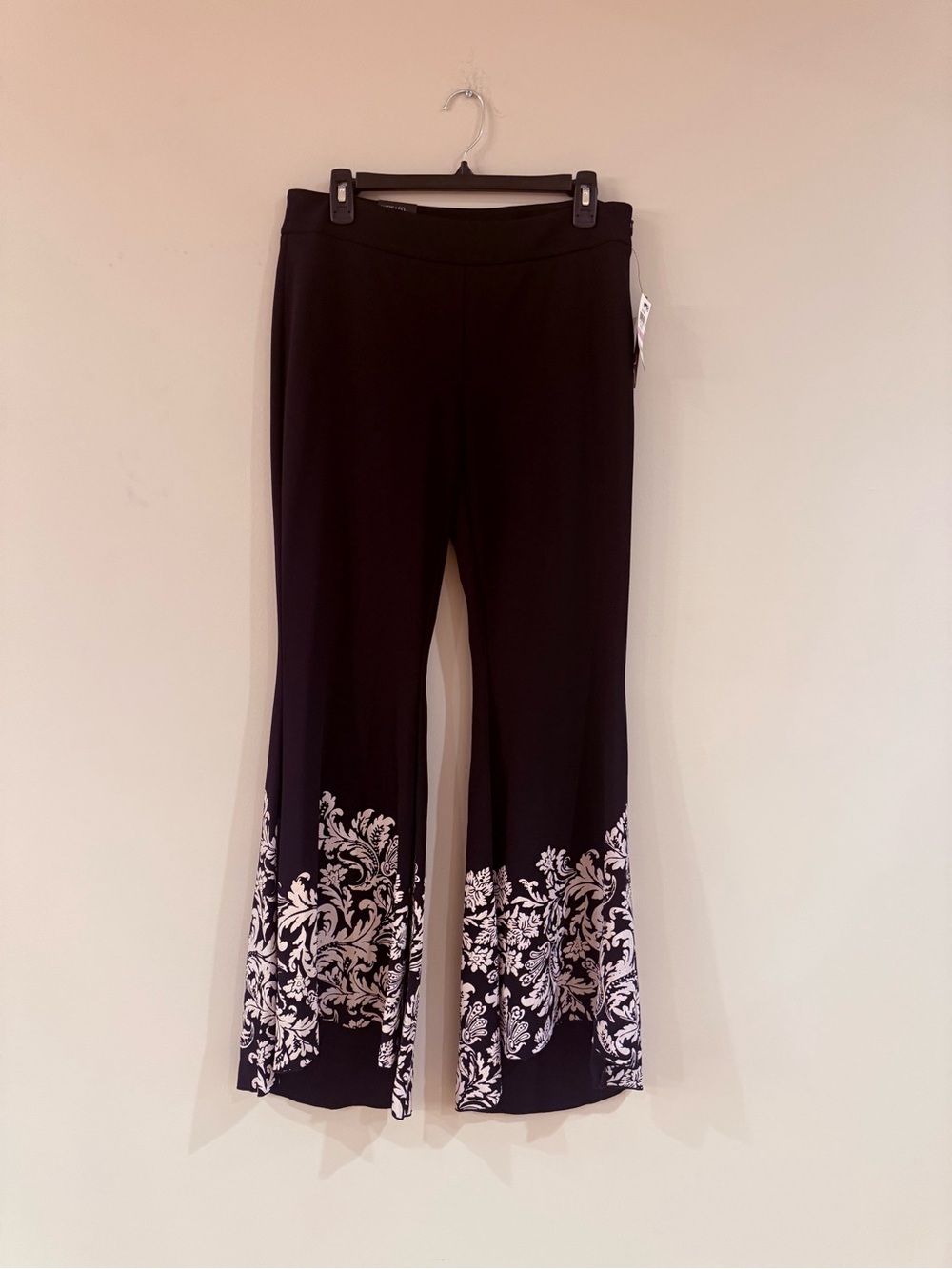 INC International Concepts Black Flared Pants with White Floral Hem - Picture 2 of 9